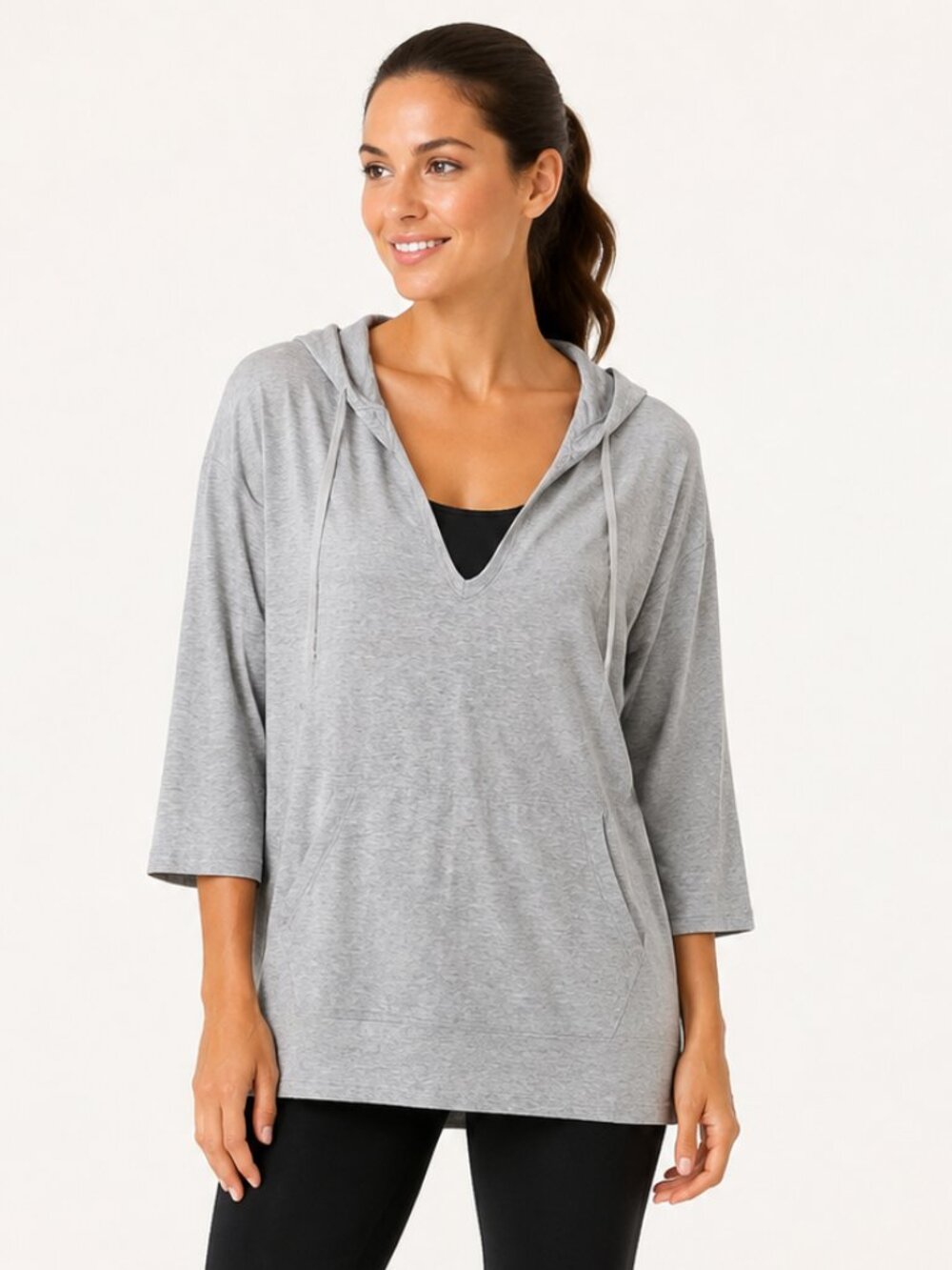 Fabletics Heather Gray V-Neck Hooded Tunic Pullover Women’s XS